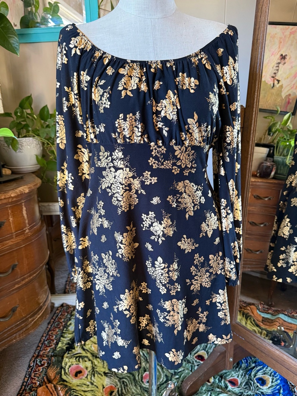 Planet Gold Black Dress with Metallic Gold Floral Print, plus size XXL